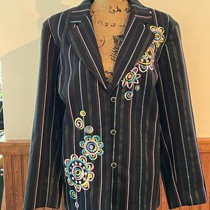 Bob Mackie Wearable Art:  Black Striped Blazer with Floral Embroidery, 1X